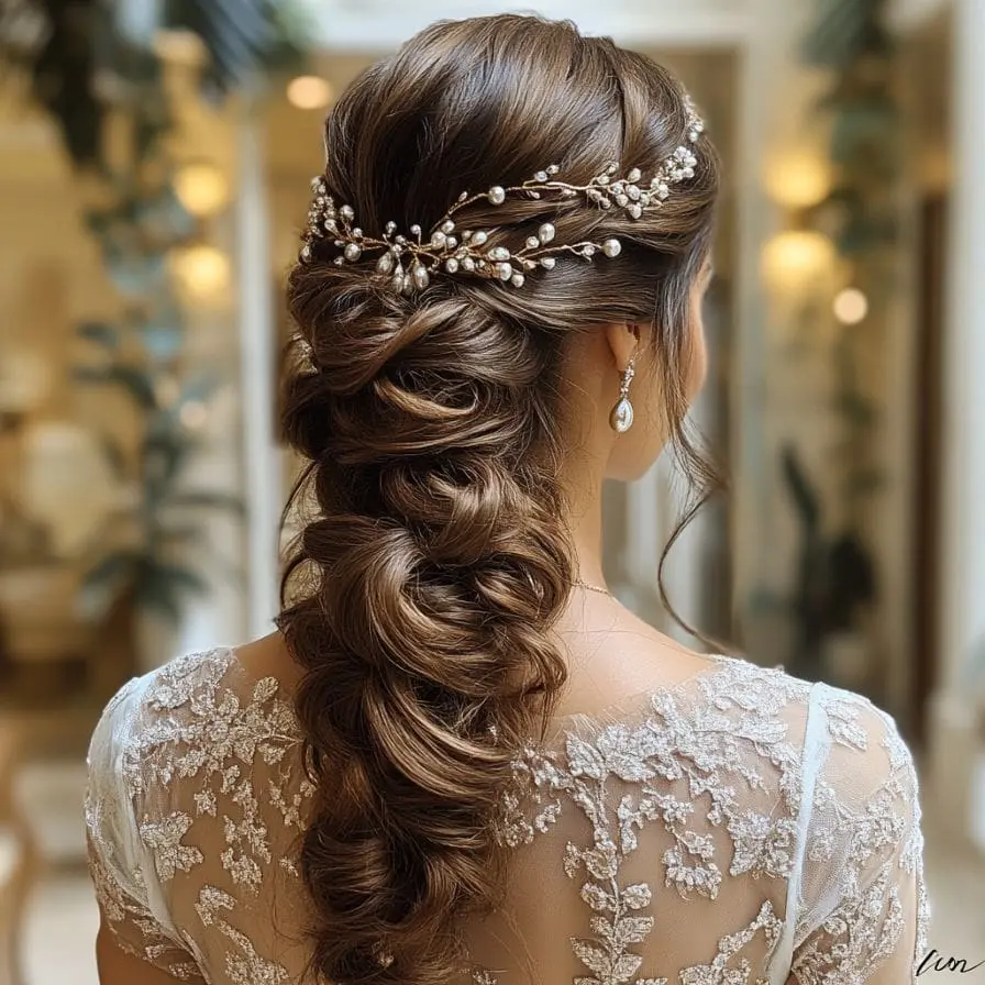 19. Glam Pearl Studded Ponytail with Curls min