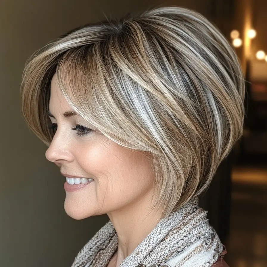 25. Modern Stacked Wedge with Highlights for Older Women