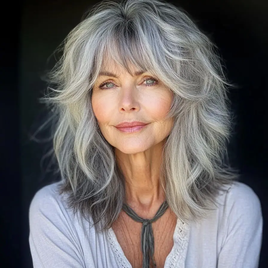 8 Shaggy Layers with Curtain Bangs for Mature Women